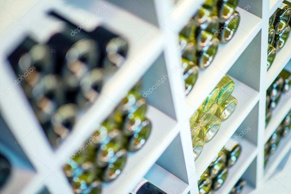 White Wooden Wines Shelf Closeup Photo