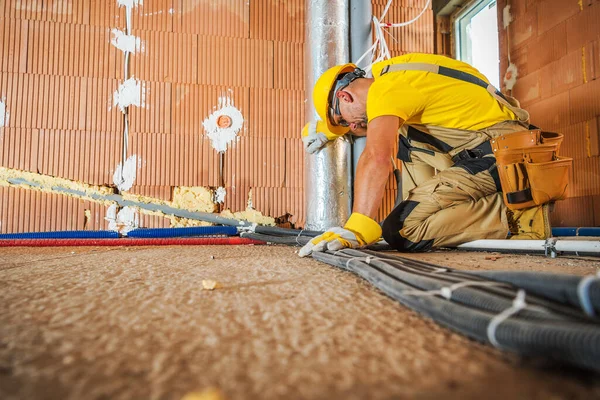 Tema Industriale Installazione Cavi Elettrici Pavimento All Interno Edifici Commerciali — Foto Stock