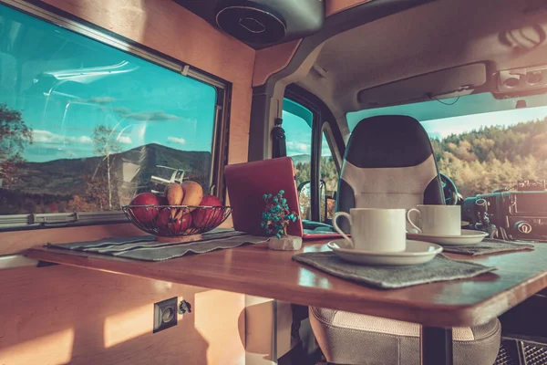 Camping Time Comfortable Motorhome Interior Stylish Self Made Camper Van — Stock Photo, Image