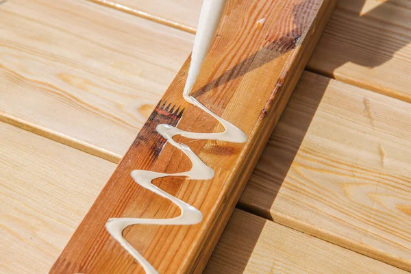 Woodwork Job Wood Attaching White Elastic Glue Close Photo — Stock Photo, Image