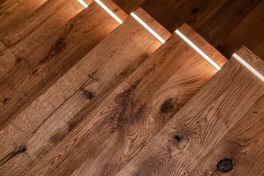 LED Aydınlatma Fotoğraflı Modern Karanlık Ahşap Merdivenler. Merdiven Işığı.