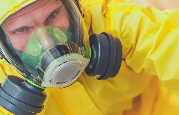 Tired Caucasian Worker His 40S Wearing Yellow Hazmat Suit Breath — Stock Photo, Image