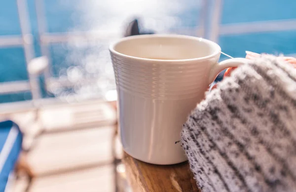 Woman Taking Coffee Break Cruise Ship Main Deck Chair Clear — Stock Photo, Image