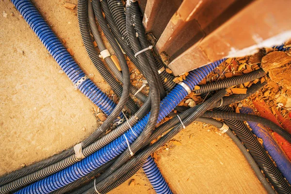 Complicated Home Electrical Systems Many Different Plastic Pipelines Electric Cables — Stock Photo, Image