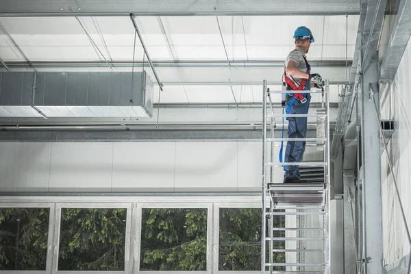 New Steel Warehouse Building Interior Finishing Caucasian Worker His 40S — Stock fotografie