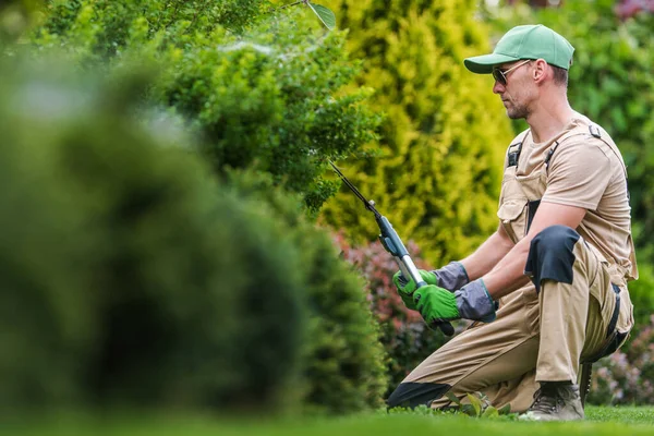 Professionele Blanke Tuinman Zijn Jaren Uitvoeren Van Onderhoud Achtertuin — Stockfoto