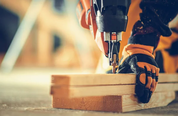 Powerful Nail Gun Construction Job Close Contractor Worker Power Tool — Stock Photo, Image