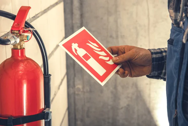 Fire Extinguisher Required Law Wall Sings Installation Commercial Building Caucasian — Stock Photo, Image