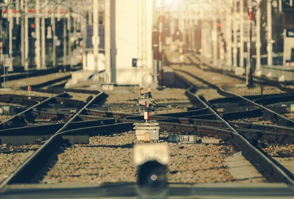 Multiple Railway Tracks Switches Modern Railroad Infrastructure — Stock Photo, Image