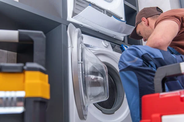 Broken Modern Washing Machine Problem Fixing Caucasian Technician His 40S — Fotografia de Stock