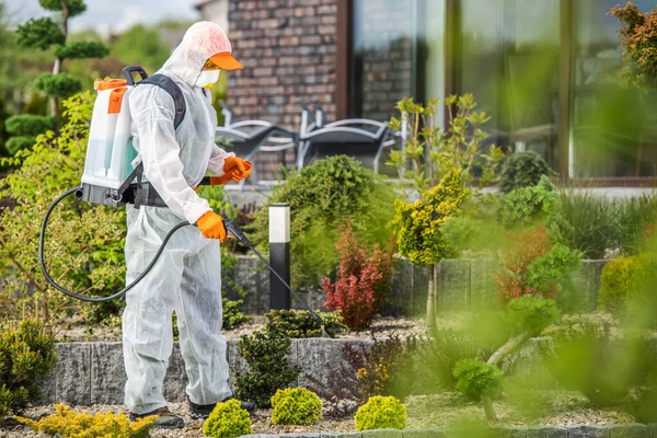 Garden Protection Suit Spraying Garden Plants Active Chemicals Insecticide Fungicide — Stock Photo, Image