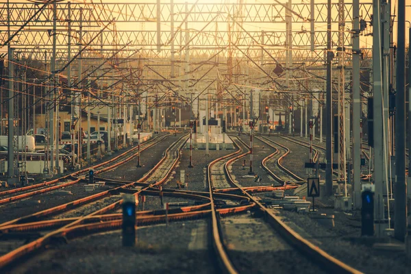 Infraestructura Ferroviaria Moderna Varias Vías Ferrocarril Interruptores Polonia Menor Europa —  Fotos de Stock