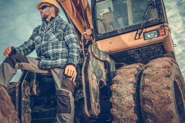 Excavation Construction Works Caucasian Excavator Operator His 40S Front His — Stock Photo, Image