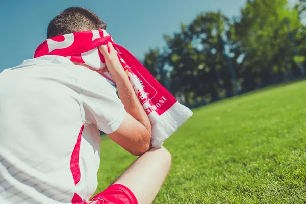 Frustrované Pláč Polský Fotbalový Tým Fanoušci Nosí Červené Bílé Národní — Stock fotografie