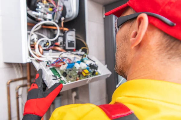 Modern Central Gas Heater Electronics Repair Caucasian Hvac Technician Looking — Stock Photo, Image