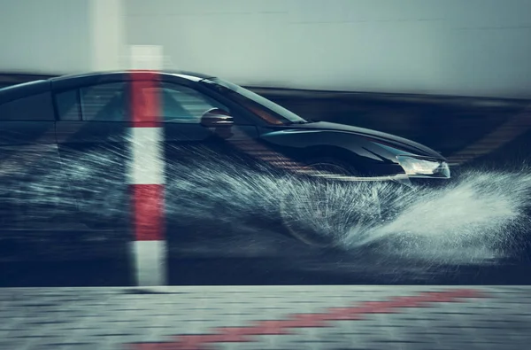 Modern Performance Car Speeding Water Urban Driving Theme Motion Blur — Stock Photo, Image