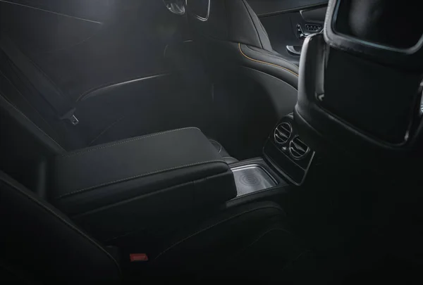 Luxury Black Leather Modern Car Interior Coupe Vehicle Type Comfortable — Stock Photo, Image