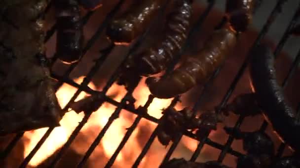 Embutidos Polacos Parrilla Carne Cerdo Tema Fiesta Barbacoa — Vídeos de Stock