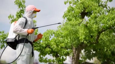 Koruma Süiti 'nde çalışan profesyonel bahçıvan. Böcek ilacı ve mantar ilacı sahnelemek. Peyzaj Endüstrisi TemasıName.