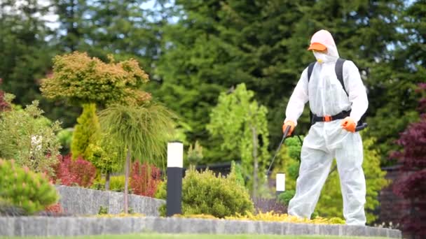 Caucasian Gardener His 40S Wearing Protection Uniform Safety Glasses Breathing — Stock Video