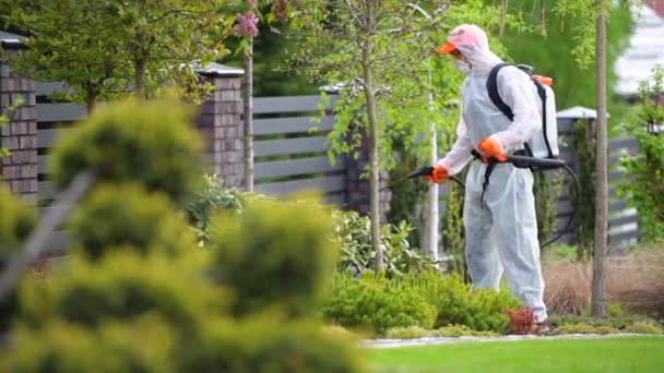 Kaukasische Tuinman Het Dragen Van Beschermende Suite Schimmeldodende Tuin Planten — Stockvideo