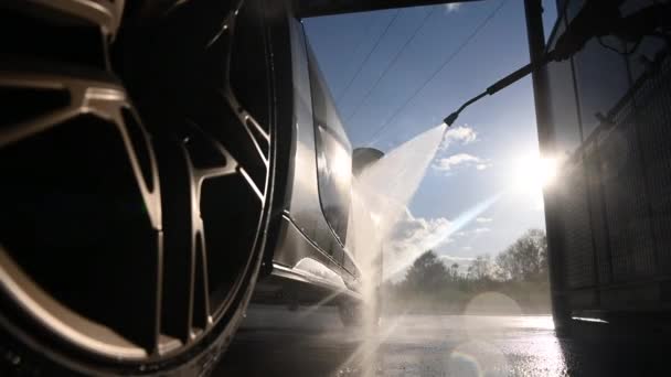 Men Power Washing Side His Performance Exotic Car Warm Sunny — Stock Video