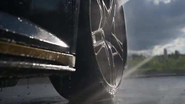 Pressure Washing Dirty Alloy Wheels Exotic Car Car Wash Theme — Stock Video