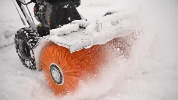 Benzín Power Brush Koště Sníh Odstranění Sněhu Před Domem Příjezdová — Stock video