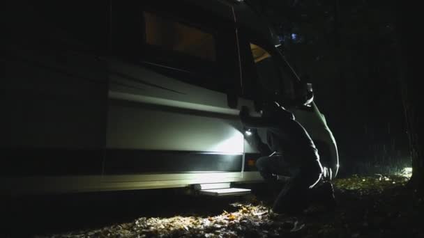 Theft Flashlight Opening Breaking Modern Camper Van — Video Stock