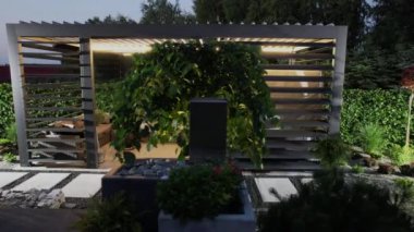 Otomatik Mekanik Duvarlı Modern Aydınlanmış Bahçe Çardakları Yaz Akşamı Saatleri boyunca Hava Görüntüsünü Kör Ediyor. Kafkas İşçi İçerde.
