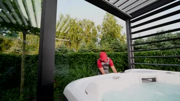 Caucasian Spa Technician Performing Final Hot Tub Check — Video Stock