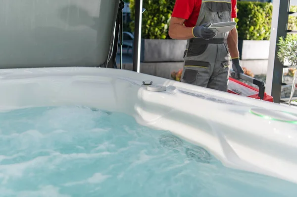 Caucasian Hot Tub Technician Performing Residential Garden Spa Service — Stock Photo, Image