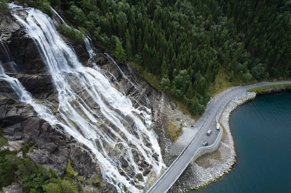 Norwegian Vestland Scenic Roadside Furebergfossen Waterfalls Aerial Photo Vista Point —  Fotos de Stock
