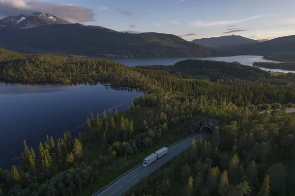 White Semi Truck Scenic Nordland Norwegian Road Midnight Sun Aerial —  Fotos de Stock