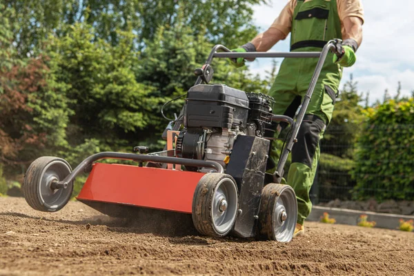 Gardener Pushing Gasoline Lawn Aerator Preparing Soil Nature Grass Turf — Stock Photo, Image