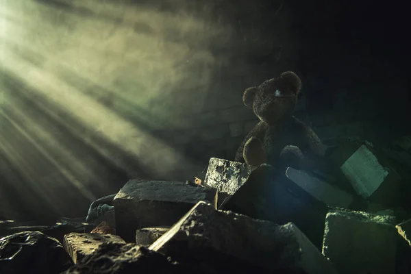 Dirty Damaged Teddy Bear Abandoned House Ruins Brighten Sunlight Coming — Stock Photo, Image