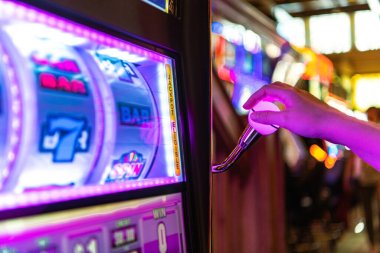 Gambling Theme. One Handed Bandit Slot Machine Bid and Spin in Las Vegas Casino. Caucasian Woman Playing Game. clipart