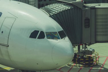 Uçağa biniş zamanı. Tüm yolcular için kapı açık. Jet Köprüsü Koluna Bağlı Uçak.