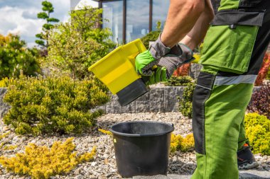 Bir insan, bir konteynırdan bahçedeki kovaya toprak döküyor..