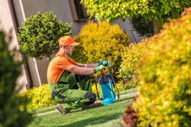 Bahçe kıyafetleri giymiş bir adam yeşillik dolu bir bahçede bir aletle bitkileri ilaçlıyor..