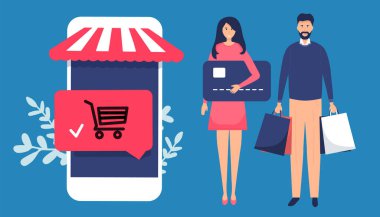 Çevrimiçi alışveriş konsepti afişi. Web afişi, bilgi grafikleri, kahraman resimleri için kullanılabilir. Düz izometrik vektör çizimi mavi arkaplanda izole edildi.