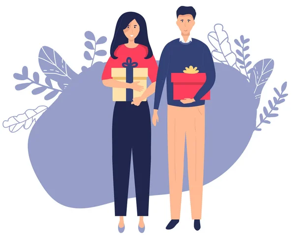 Feliz Joven Pareja Mujer Hombre Sosteniendo Los Regalos Navidad Aislado — Archivo Imágenes Vectoriales