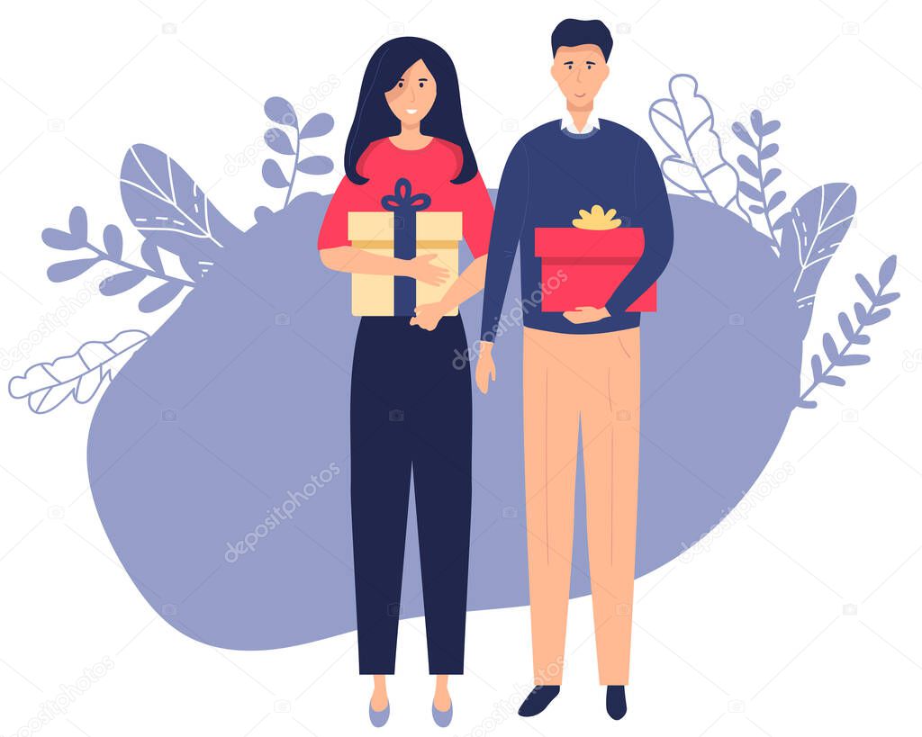 Happy young couple woman and man holding the xmas gifts. Isolated on white background. Christmas Holiday vector illustration flat style for greeting card, poster, banner.