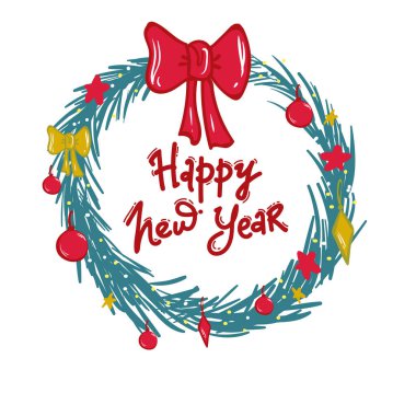 Yuvarlak Noel çelengi, beyaza izole edilmiş, taşaklı. Vektör, el çizimi, festival tasarımı, duyurular, kartpostallar, davetiyeler, posterler..