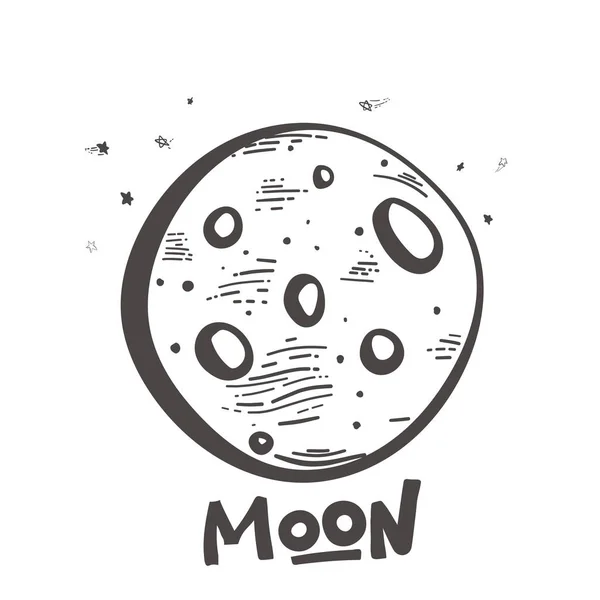 Ay ve ay kraterleri. Doodle tarzı. Ay logosu tasarımı. Yaratıcı logo. Gece amblemi. Dolunay. Ay 'ın siluet monokrom simgesi. Vektör illüstrasyonu beyaz arkaplanda izole edildi.