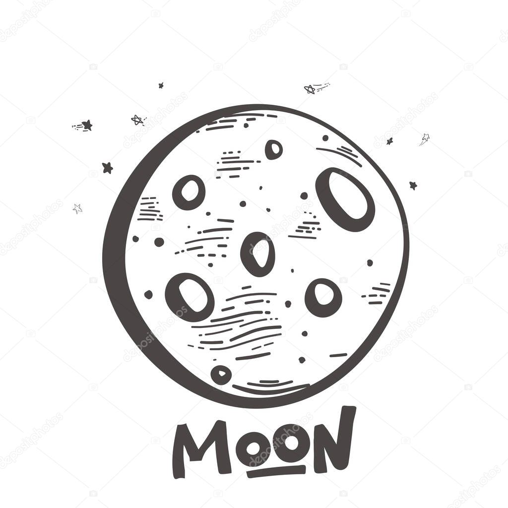 Moon and lunar craters. Doodle style. Moon logo design. Creative logo. Night emblem. Full moon. Silhouette monochrome icon of the moon. Vector illustration isolated on white background.