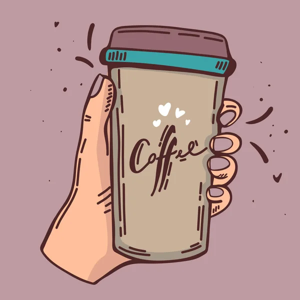 Pausa para café ilustración hecha a mano con guion manuscrito y mano humana sostiene una taza de café caliente, boceto vectorial Ilustraciones De Stock Sin Royalties Gratis