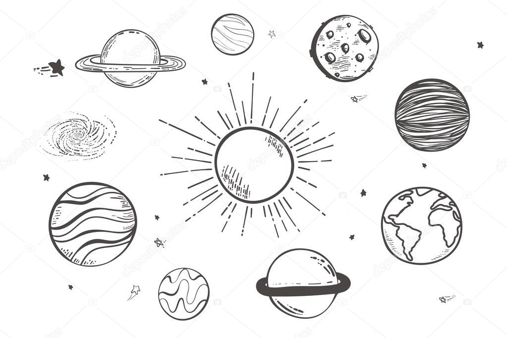 Set of space objects: planets, stars. Hand drawn vector, doodle sketch black, white. Sun Earth Moon