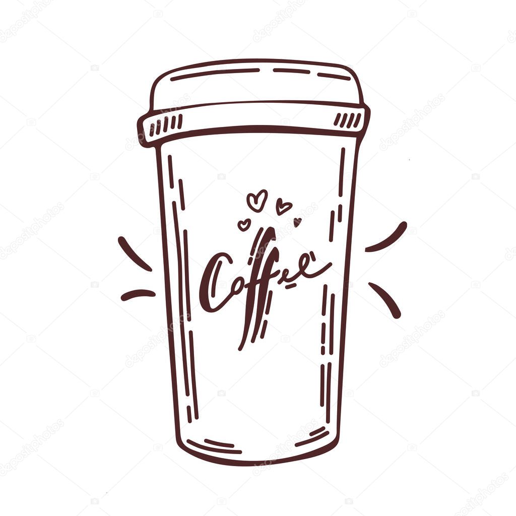 doodle Disposable coffee cup icon, conceptual vector illustration in design. Paper coffee cup isolated on white background. Coffee stock vector