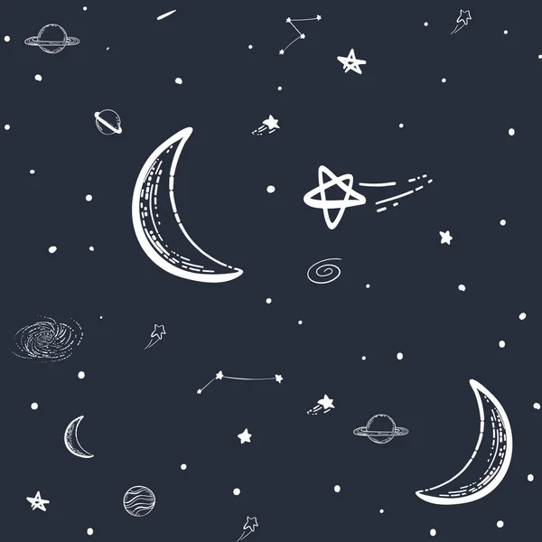 Stilizált éjszakai égbolt zökkenőmentes minta holdfényes csillagokkal, bolygókkal, sötét kézzel rajzolt háttér. firka vázlat. Csomagolópapír. — Stock Vector
